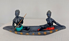Sculpture En Platre Polychrome Pirogue couple 1950 signé Salvatore Melani 