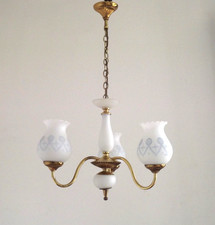 3 lumières ancien lustre français métal doré colonne verre et abat-jour décoré 5569