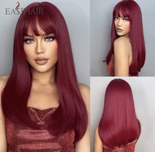 Perruque Synthétique Femme Rouge Wig Longue Cheveux Lisses A Frange 55cm