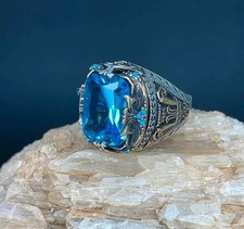 AAA QUALITY SOLID STERLING 925 SILVER MEN'S HANDMADE JEWELRY AQUAMARINE RING