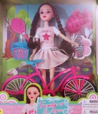 DOLL & BICYCLE Pink Cruiser Bike Trendy Vogue Helmet Tennis Fun Play Girl 3+ TOY