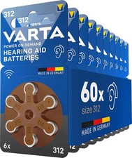 VARTA Piles auditives type 312, brun, lot de 60,  batteries pour Aide Auditives