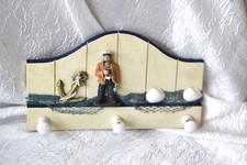 Porte-torchons /serviettes bois - décor "bord de mer" marin - 3 patères - à susp