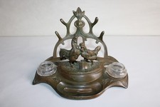 Encrier porte plume en régule signé VIDAL, coq et poule, Art Nouveau, h 15 cm