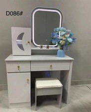 Toilette Moderne Blanche Miroir LED Tiroirs Tabouret Bureau Maquillage D086