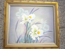 TABLEAU*FLEURS-IRIS BLANCS-ACRYLIQUE ET HUILE SUR TOILE-CADRE BOIS-65x75cm