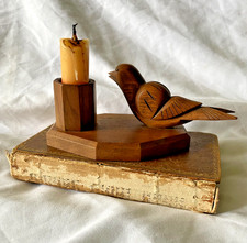 Charming Vintage French MCM Handcarved Wooden Candle Holder with Swallow Bird