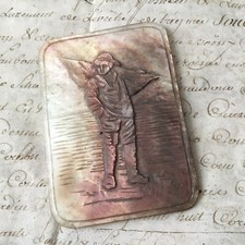 Plaque en Nacre Ancienne Pêcheur Décor Carnet XIXè Victorian Mother Of Pearl 19C