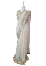 Sari Indien prêt à porter blanc cassé et doré Nila Taille 36/40 Robe Indienne
