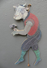 Pantin Articulé jouet ancien personnage fantastique bois Tête de Vache Vintage