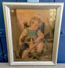 CHROMO LITHOGRAPHIE ENFANT ENDORMI AU CHAT CADRE SOUS VITRE  DECO  DN3157