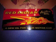 RARE PLAQUE RED INDIAN AVIATION OIL EN EMAIL VINTAGE MADE IN USA