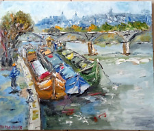 PARIS LE PONT DES ARTS LES PENICHES TABLEAU  PEINTURE SIGNE JUMEAUX JEAN PIERRE
