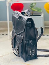 Sac À Dos Messenger Vintage En Cuir Noir De Chèvre Authentique Mis À Jour 15"