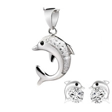 Parure Bijoux - Femme - Dauphin - Cristal - Blanc - Argent Fin 925 - 4 Pièces