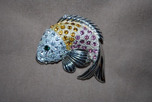 Fish pin brooch pink crystals - pin,