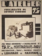 PUBLICITÉ 1930 L'ATELIER 75 SPÈCIALISTE DU MEUBLE MODERNE LUMINAIRE DE MAXONADE