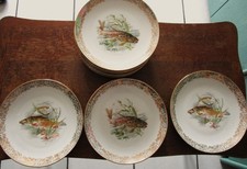 9 Assiettes en porcelaine de limoges Décor Poissons et dorure vintage