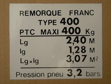 PLAQUE DE TARE POUR REMORQUE FRANC  OCEAN TYPE 400.OU AUTRE