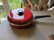 Ancienne Sauteuse poêle couvercle vintage tôle émaillée rouge cuisine casserole