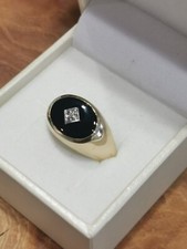 Onyx Hommes Chevalière 8 Carat or Rose 4,5 Grammes En Taille 62 avec Un Diamant