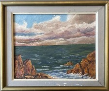 Tableau peinture ancienne paysage marin XXe Marine