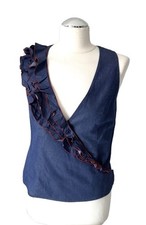 THIERRY MUGLER BLUE DENIM JEANS WRAP TOP SNAP V NECK RUFFLE RED TRIM COTTON 40/6
