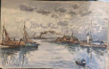 F Herbo Vue de Honfleur le phare et le port aquarelle.Marine Normandie PHARE XX