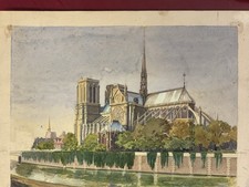 aquarelle ancienne Notre Dame De Paris Vers 1930