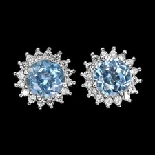 925 Argent Sterling Rond Topaze Bleu Ciel 7mm Simulé Boucles D'Oreilles Cz