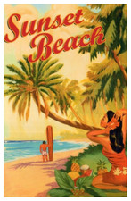 Crépuscule Plage Surfeur Hula Girl Affiche Style Carte Postale Hawaii