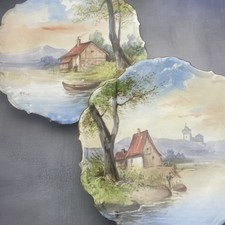 Paire d'assiette en porcelaine cabane de pécheur peint à la main signé Albert