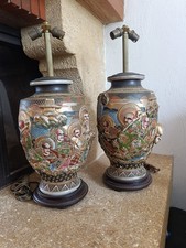Ancien Lot Paire de Lampe Art Asiatique Céramique Satsuma Japon 49,5 cm