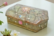 Ancien Vert Marbre Bijou Rangement Boîte Original Très Fin Incrustation Travail