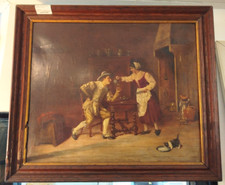 E. PERRETTON HUILE sur TOILE Peinture Tableau Scene Foyer XIXe ART 59MAG 28/03
