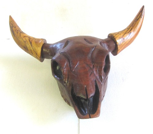 Hand CARVED WOOD STEER SKULL
