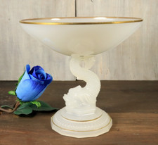 Antique French Opaline Glass Footed Bowl Dolphin Compote Portieux 1920s Signed