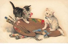 CHATS #MK40133 DEUX CHATS PALETTE DE PEINTURE PINCEAUX TUBES