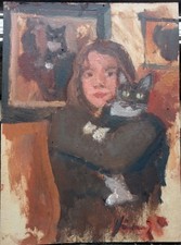 Tableau Peinture Portrait Huile Jeune Femme Au Chat Animalier Impressionniste 
