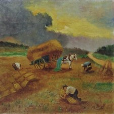 Vintage French Naïve Folk Art Oil Painting, Landscape, Harvesters, Horse, Signed