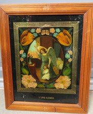 RELIQUAIRE XIXème FIXÉ-sous-VERRE ANGE GARDIEN CADRE en PITCHPIN à FILETS