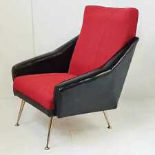 FAUTEUIL VINTAGE 1950 1960 EN SKAI NOIR & LAINE ROUGE ET LAITON DORE 50S 60S 