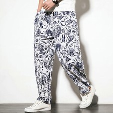 Hommes Ethnique Floral Sarouel Baggy Pantalon Casual Cordon Élastique Taille