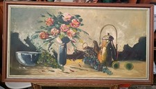 Grand Tableau Huile Sur Toile Années 70 Nature morte aux raisins