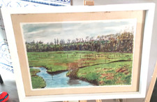 Tableau signé peinture aquarelle sur papier paysage  Normand  75 X 56 cm