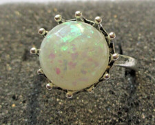 Bague couleur argent superbe cabochon perle résine opale bijou vintage taille 53