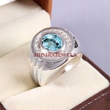 Naturel Bleu Gemme Topaze Avec 18K Blanc Argent Plaqué Or Homme Bague #278