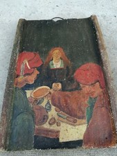 Plaque tuile ancienne peinte terre? huile style bruegel? oil on pottery