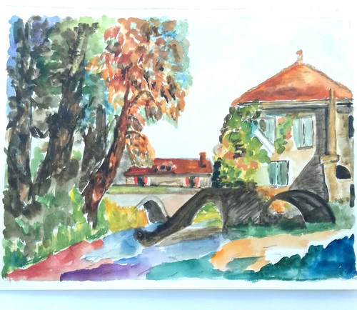 Paysage dordogne aquarelle - paysage,