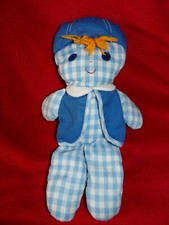 FISHER PRICE Doudou Poupée Peluche Chiffon Vichy Bleu Blanc Grelot Vintage 1975